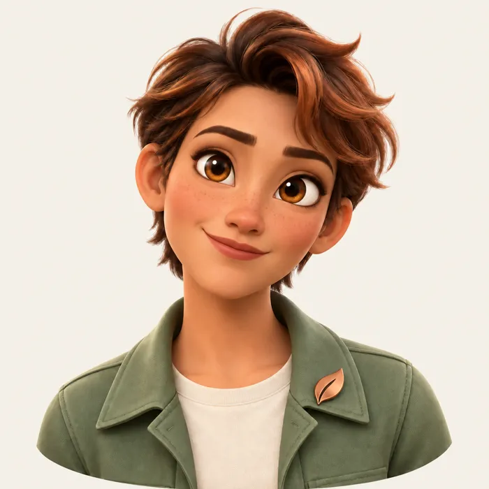 Illustrated portrait of Rowan, short auburn hair, green jacket